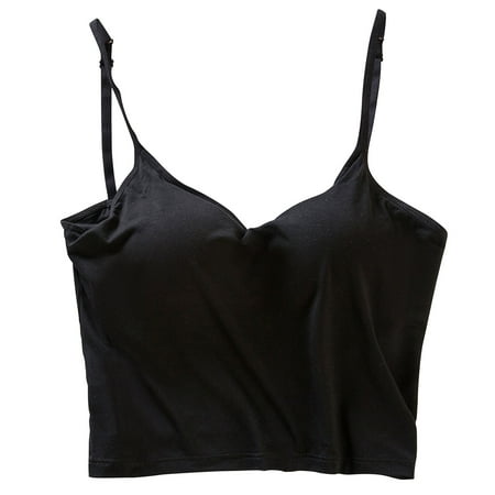 UYISJ Womens Tank Tops Adjustable Spaghetti Strap V Neck Crop Tops with Built in Bra Casual Soft Stretchy Modal Cami Solid Color Casual Lounge Basic Layer Padded Tops Black XL