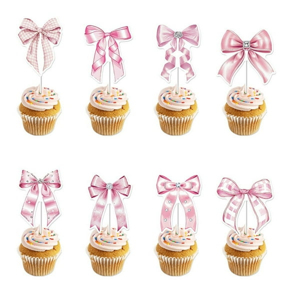 Vorkoi 24 Pack Watercolor Bow Cupcake Toppers, Pink Ribbon Cake Decorations, Waterproof Card Stock Cake Picks for Coquette Baby Shower Bachelorette Wedding Party Supplies