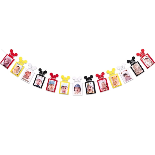 Banner fotográfico de hitos mensuales para el primer cumpleaños con ratón Upfirst