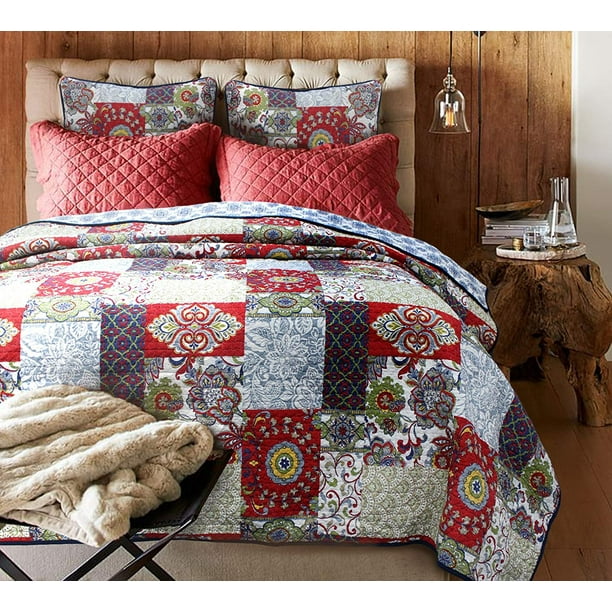 Cozy Line Vintage 100 Cotton Quilt Set King Set Red Navy Walmart Com Walmart Com