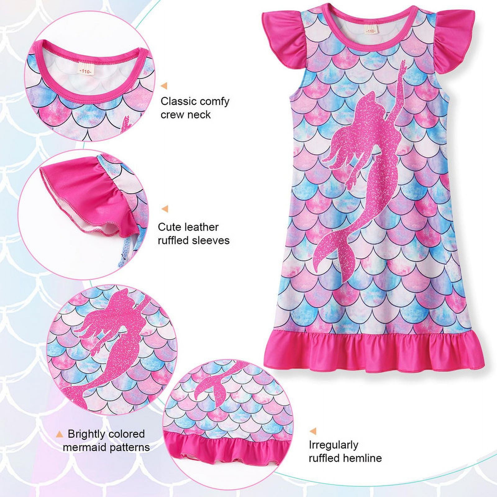 Jurebecia Girls Nightgowns Mermaid Pajamas Princess Toddler Nightgown Sleepwear Nightie for Kids Little Girls 110 cm 3-4 Years
