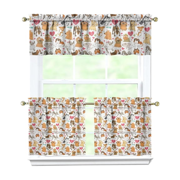 3 Pack Dog Lovers Kitchen Curtains - Artistic Paw Print & Bone Design, Short Semi-Sheer Curtains with Valance, Modern Farmhouse Window Decor