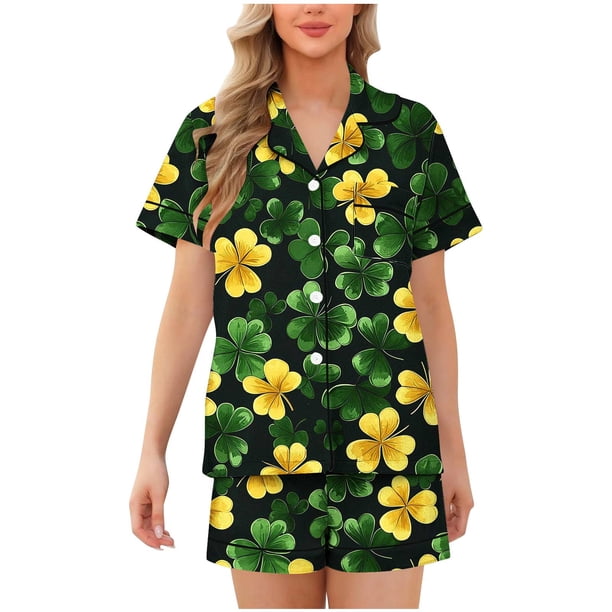 Camiseta de Manga Corta con Botón de Impresión con Conjunto de Pantalones Cortos a Juego, Conjunto Corto de Verano para las Mujeres Outfit Casual