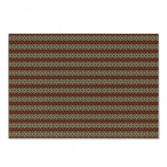 Boho Cutting Board, Horizontal Native Borders with and Geometric Motifs in Hand Drawn Style, Decorative Tempered Glass Cutting and Serving Board, Small Size, Multicolor, by Ambesonne
