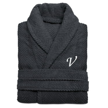 Authentic Hotel and Spa  Charcoal Grey with White Monogrammed Herringbone Weave Turkish Cotton Unisex Bath Robe V L/XL