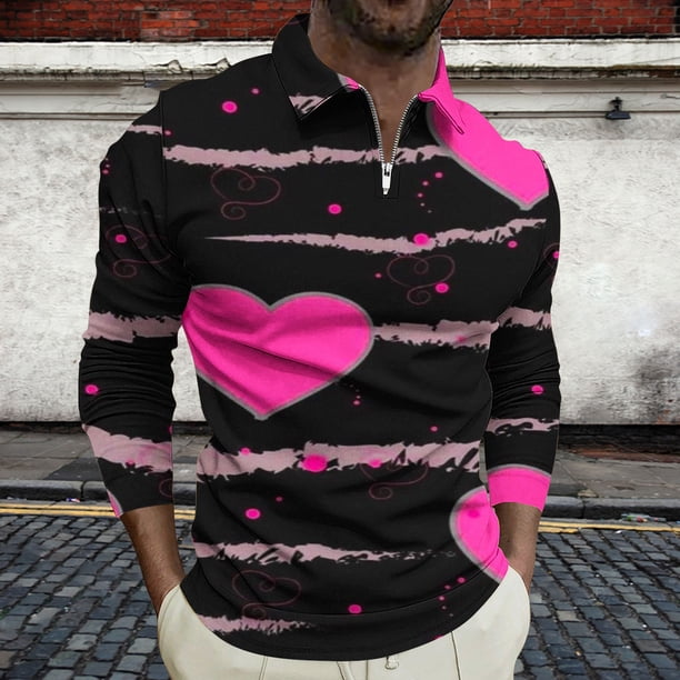 Blusa y camisa de manga larga con cuello vuelto para hombre, jersey de solapa con cremallera de manga larga, blusa informal con estampado de San Valentín para hombre, blusa de poliéster