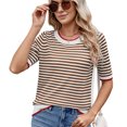 thumbnail image 2 of Womens Summer Short Sleeve Shirts Striped Sweater Cute Casual Trendy Crewneck Knit Blouses Coffee Color L, 2 of 9