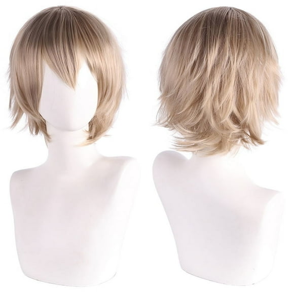 XmhyTop Unisex Short Anime-Style Cosplay Wig, Fluffy Layered Heat-Resistant Synthetic Hair, with Bangs, Ideal for Costume Parties, Prom & Themed Events，Beige B