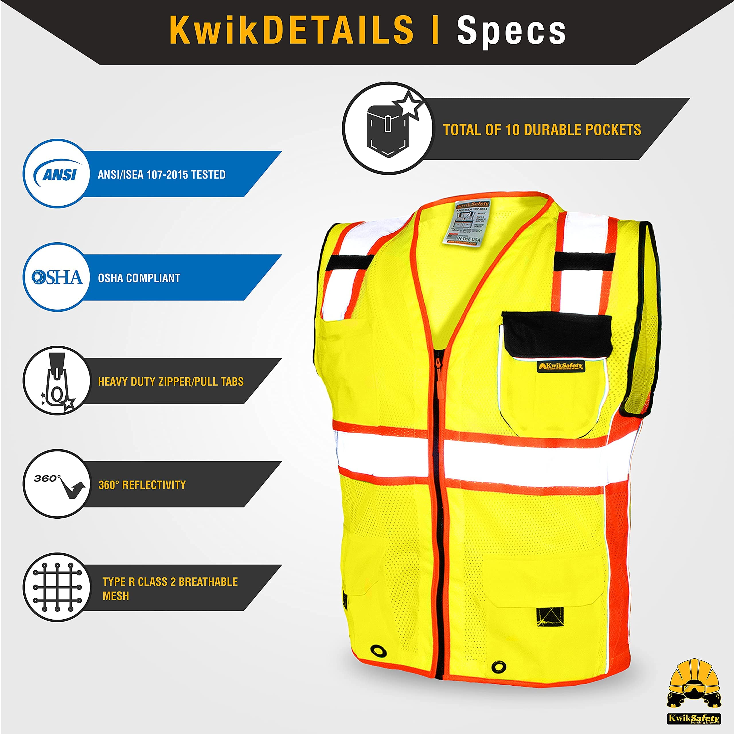 KwikSafety (Charlotte, NC) CLASSIC SUPREME Safety Vest (10 Pockets) Class 2 ANSI OSHA High Visibility Reflective Heavy Duty Mesh Zipper Hi Vis Construction Work HiViz | Yellow Black Orange Small