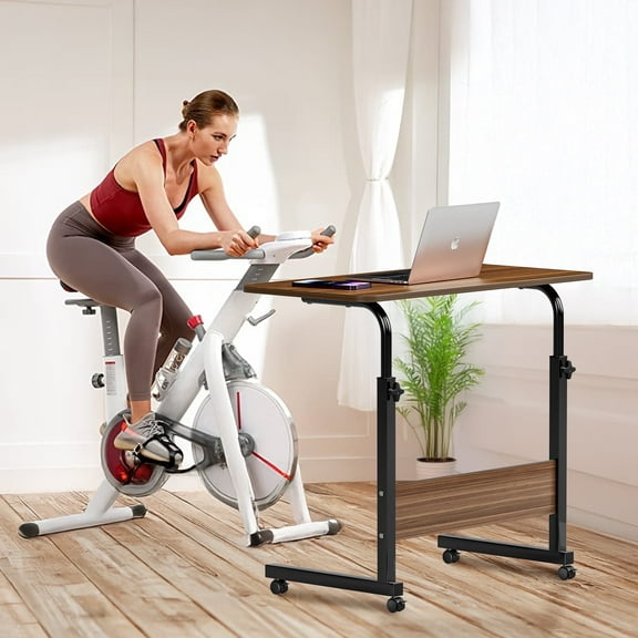 Qiushi 27-38" Height Adjustable Rolling C Table, Mobile Sewing Craft Table with Wheels, C-Shaped Bedside Laptop Desk for Sofa/Living Room/Bedroom, Study Side Table for Home Hospital Use, Rustic Brown