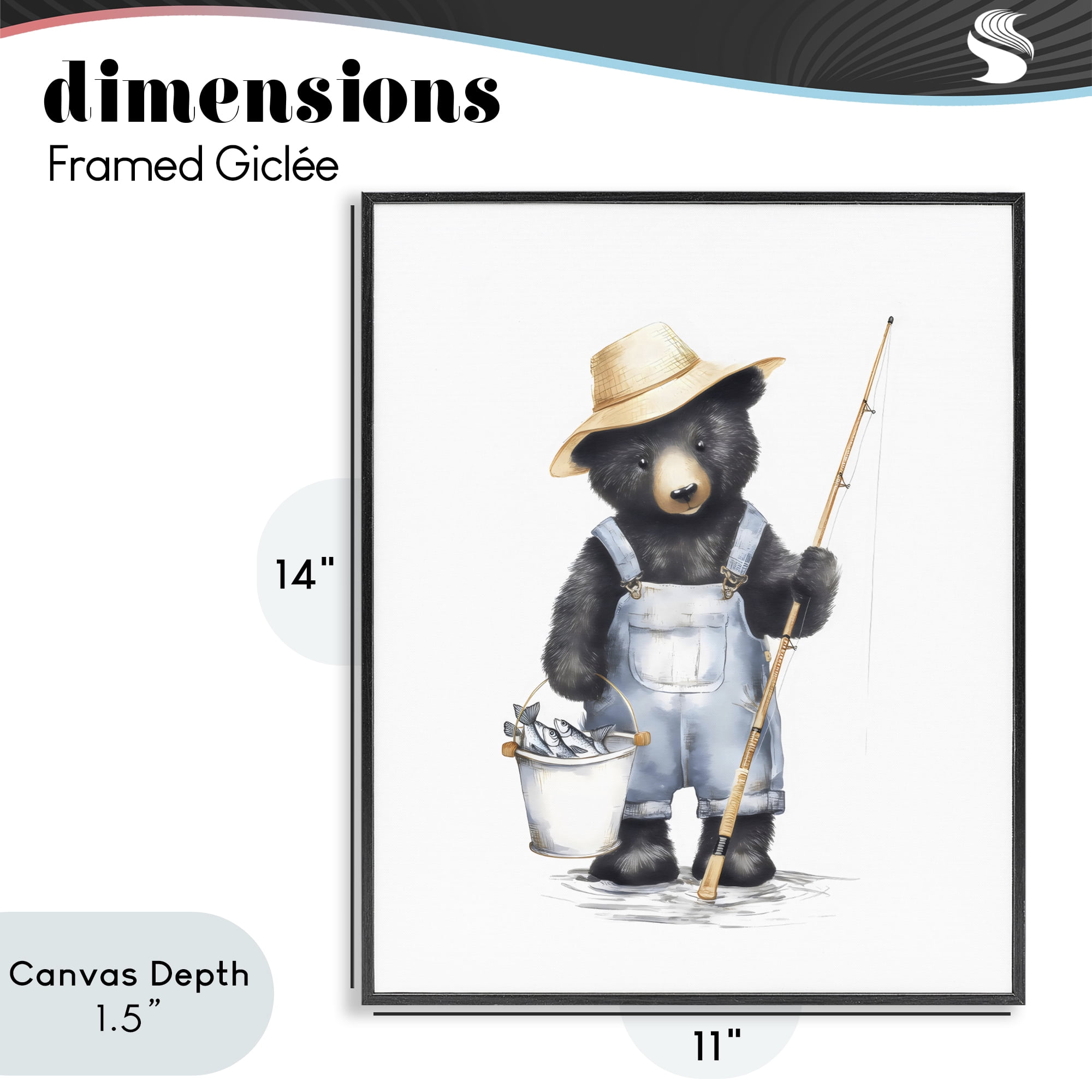 Stupell Industries Fishing Bear in Straw Hat Black Framed Giclee Art, design by Arlington Prints