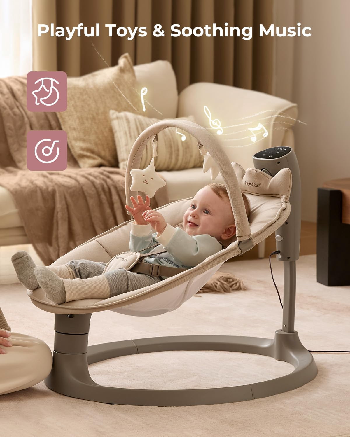 Momcozy 2-in-1 Electric Baby Swing, Dual-Arm Support System & Parent-Inspired Motions, Convertible to Toddler Seat up to 66 lbs, Adjustable Height, Lightweight