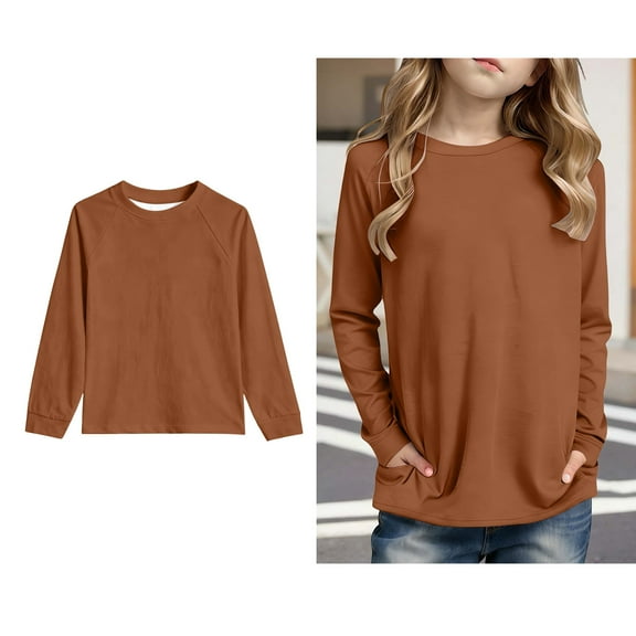 Teen Girls T Shirt Brown Long Sleeve Tshirts with Pocket Kids Crewneck Basic Tees Fall Clothes Size 13-14 Years Boys Shirts