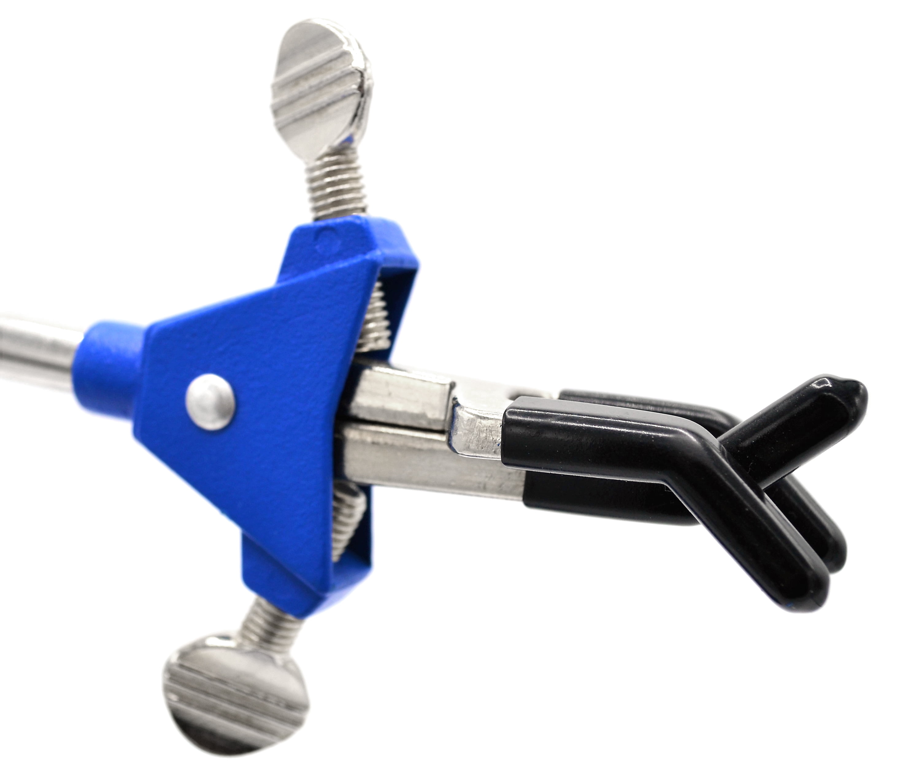 3 Finger, Vinyl Coated Dual Adjustable Extension Clamp on Stainless Steel Rod - 2.3" Max Clamp Opening, 5" Rod - Powder Coated Zinc Alloy - Research, Industrial Laboratory Grade -  Eisco Labs