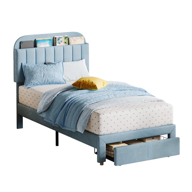 Eastvita Twin-Size Upholstered Platform Bed Frame with Large Storage Drawer/Bookcase Headboard - Easy to Assemble/Noise-Free/No Box Spring Needed/Light Blue