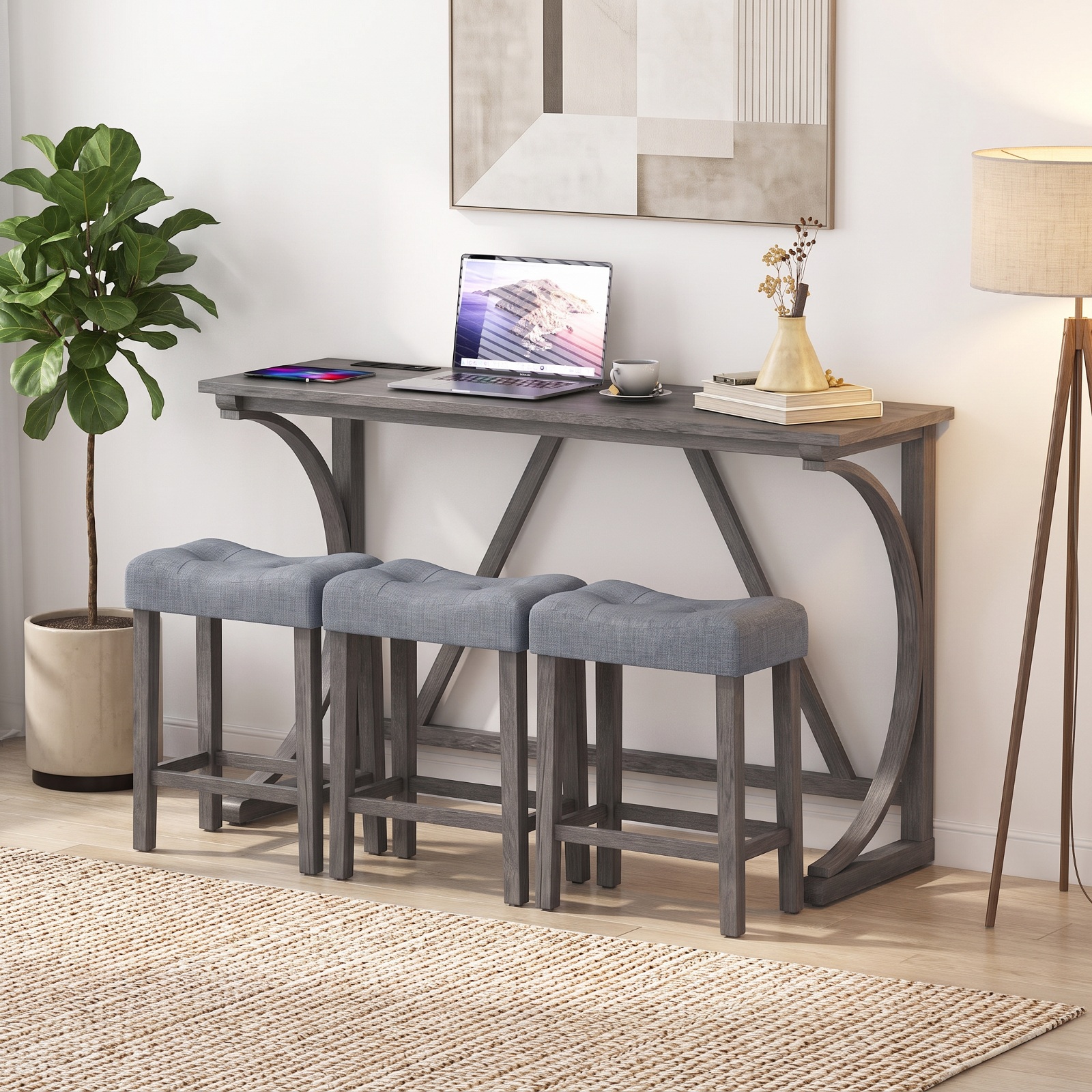 Furnibear 4 Piece Bar Table Set with Power Outlet USB Port and Upholstered Saddle Seat Stools