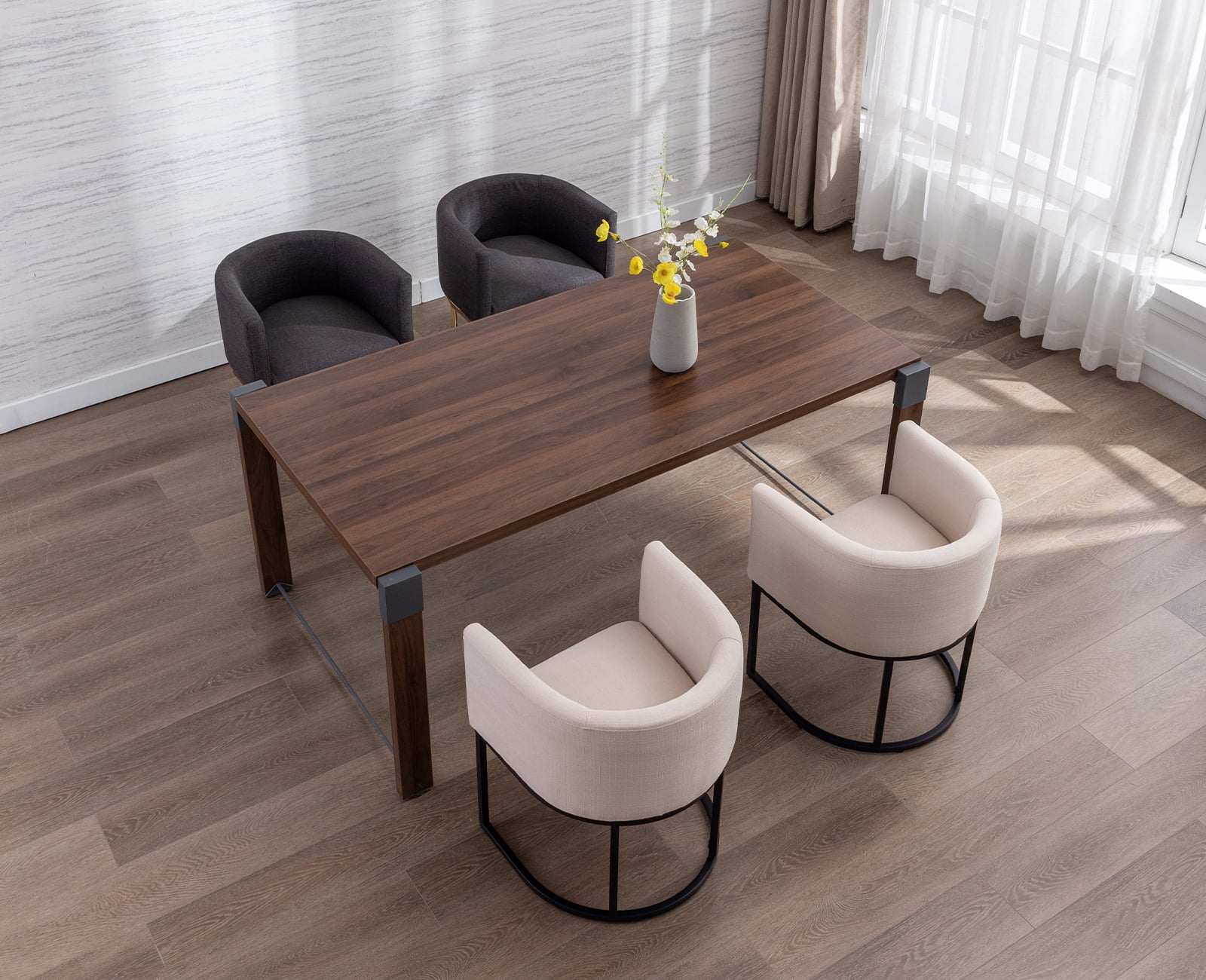 Guyou Modern Linen Dining Chair, Mid-century Upholstered Barrel Kitchen Chairs Fabric Side Chair with Metal Legs and Curved Back for Living Room Dining Room Bedroom, Charcoal