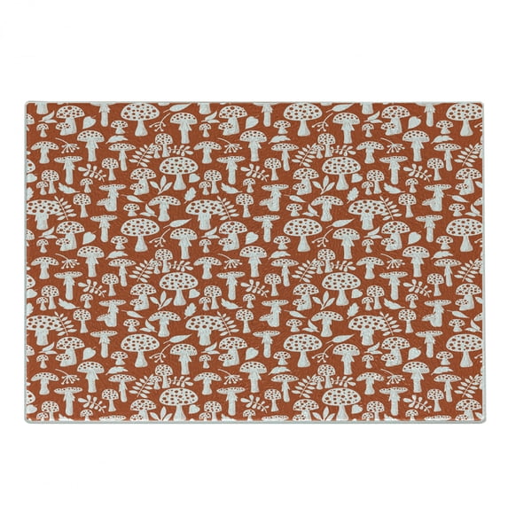 Mushroom Cutting Board, Amanita Pattern Leaves Berries Poisonous Plants Cartoon Style, Decorative Tempered Glass Cutting and Serving Board, Small Size, Burnt Sienna White, by Ambesonne