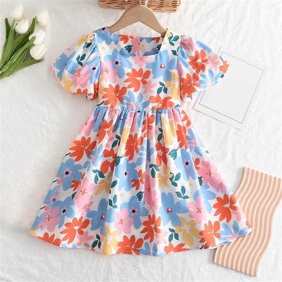 JIAYUE Girls Spring Summer Dresses Floral Short Sleeve Drop Shoulder Square Neckline Mid Length Elastic Lightweight A-Line For Kids Seasonal Vacation Wearing