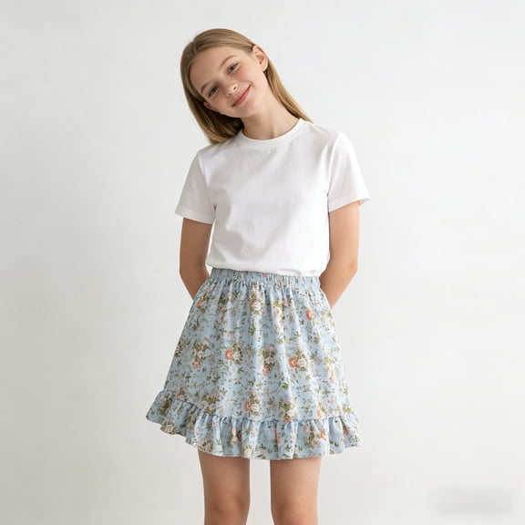 Skirts for Girls Ruffle Floral Flowy Short Skirts for Girls Cute Summer Skirts for Girls (Light Blue 5-6 Years)
