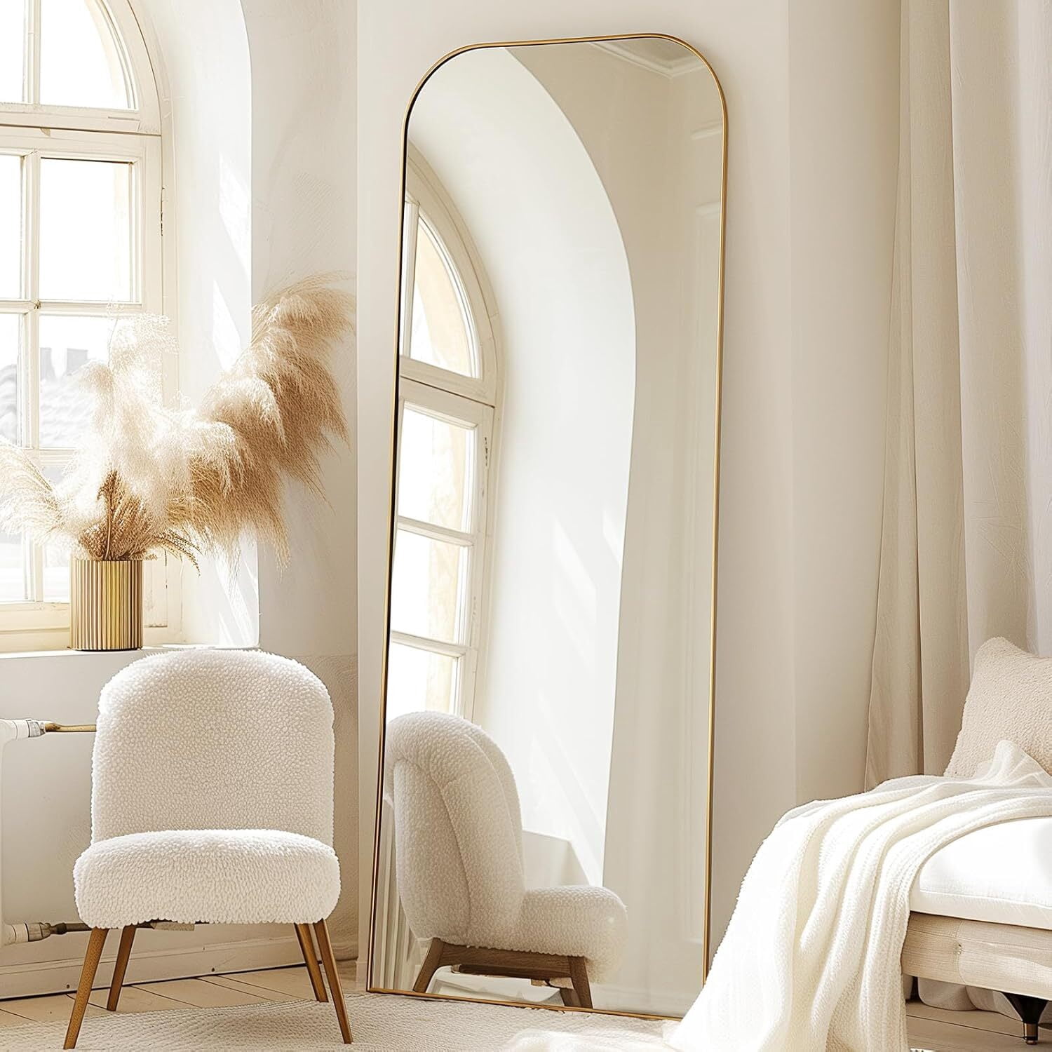 Easy4Home 64"x21" Arched Full Length Mirror Metal Frame Freestanding Mirror Wall-Mounted, Gold
