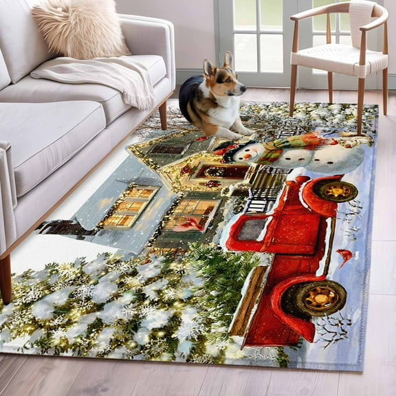 Christmas Snowman Area Rug 3x5 Washable Rug Non Slip Xmas Tree Truck Farmhouse Snowflake Large Area Rug Indoor Floor Carpet for Entryway Bedroom Kitchen Living Room Home Office Dining Room Nursery