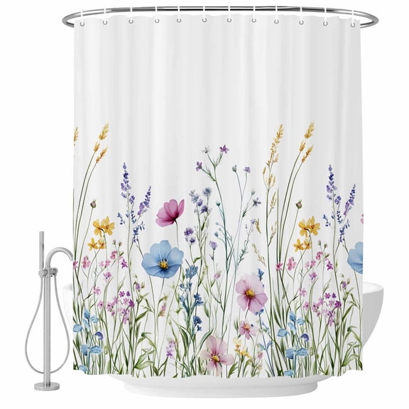 Floral Fabric Shower Curtain Watercolor Wildflower Plant Washable Shower Curtains for Bathroom, Waterproof Bath Curtain with Hooks Home Decor 72x84in