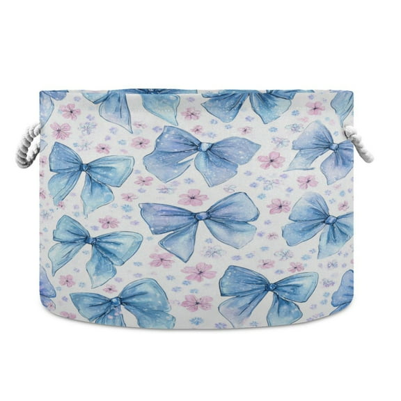 Round Toy Storage Basket Foldable Storage Basket for Home Decor Laundry Basket20" x 14" Cute Light Blue Bows Pattern