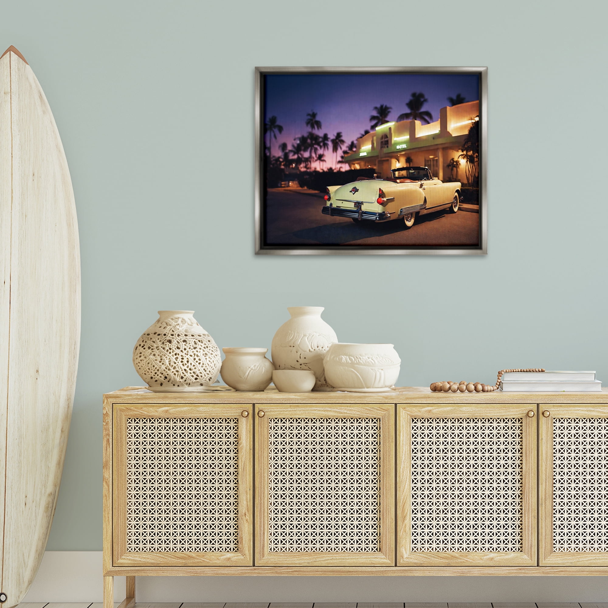 Stupell Industries Antique Car Tropical Motel Transportation Painting Gray Floater Framed Canvas Art Print Wall Art, 31 x 25