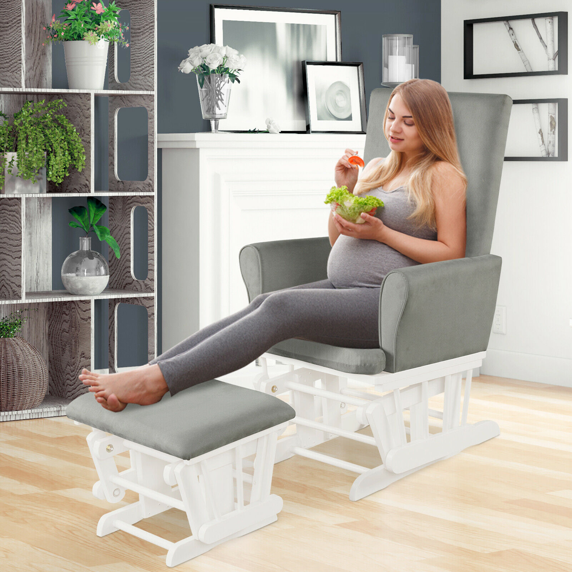 Gymax Glider and Ottoman Cushion Set Wooden Baby Nursery Rocking Chair Grey