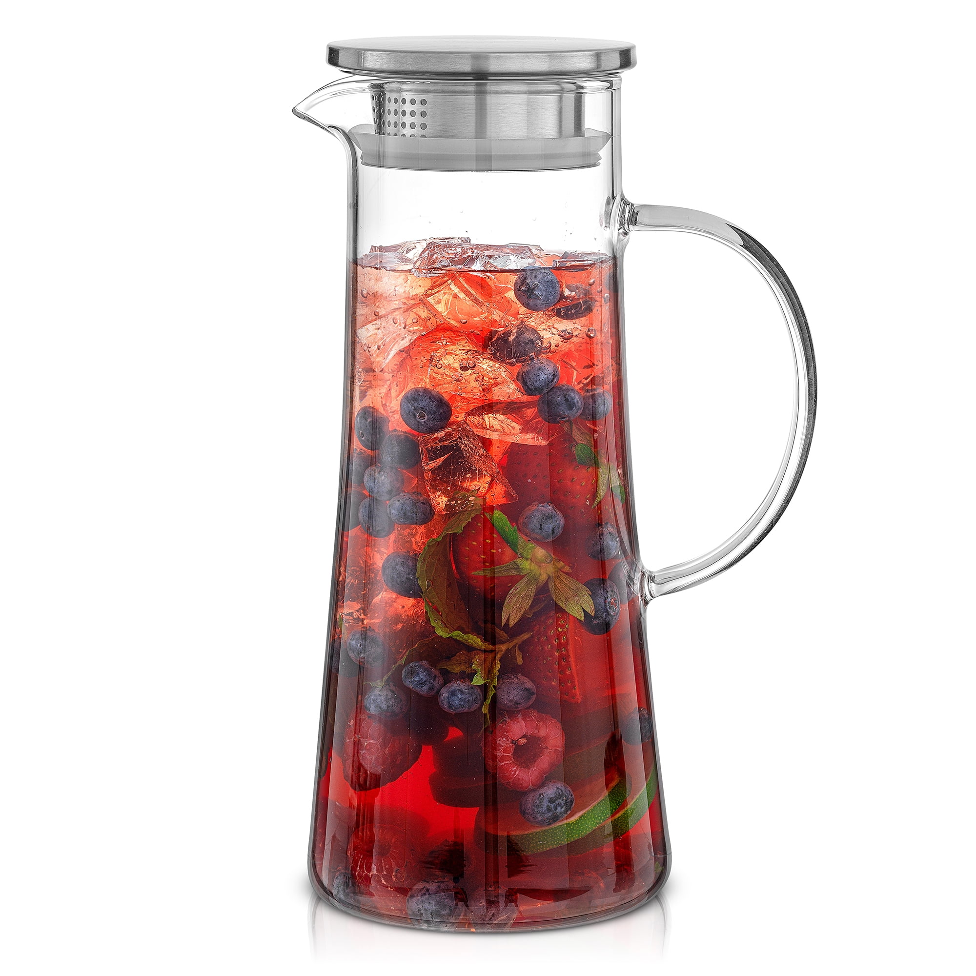 JoyJolt Breeze Glass Pitcher with Stainless Steel Lid and Spout, with Handle, for Water, Juice, Tea, Milk