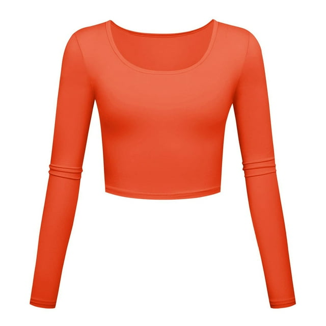 FAIWAD Womens Slim Crop Top Long Sleeve Basic Solid Color Skinny Stretch Roun Neck Pullover Top