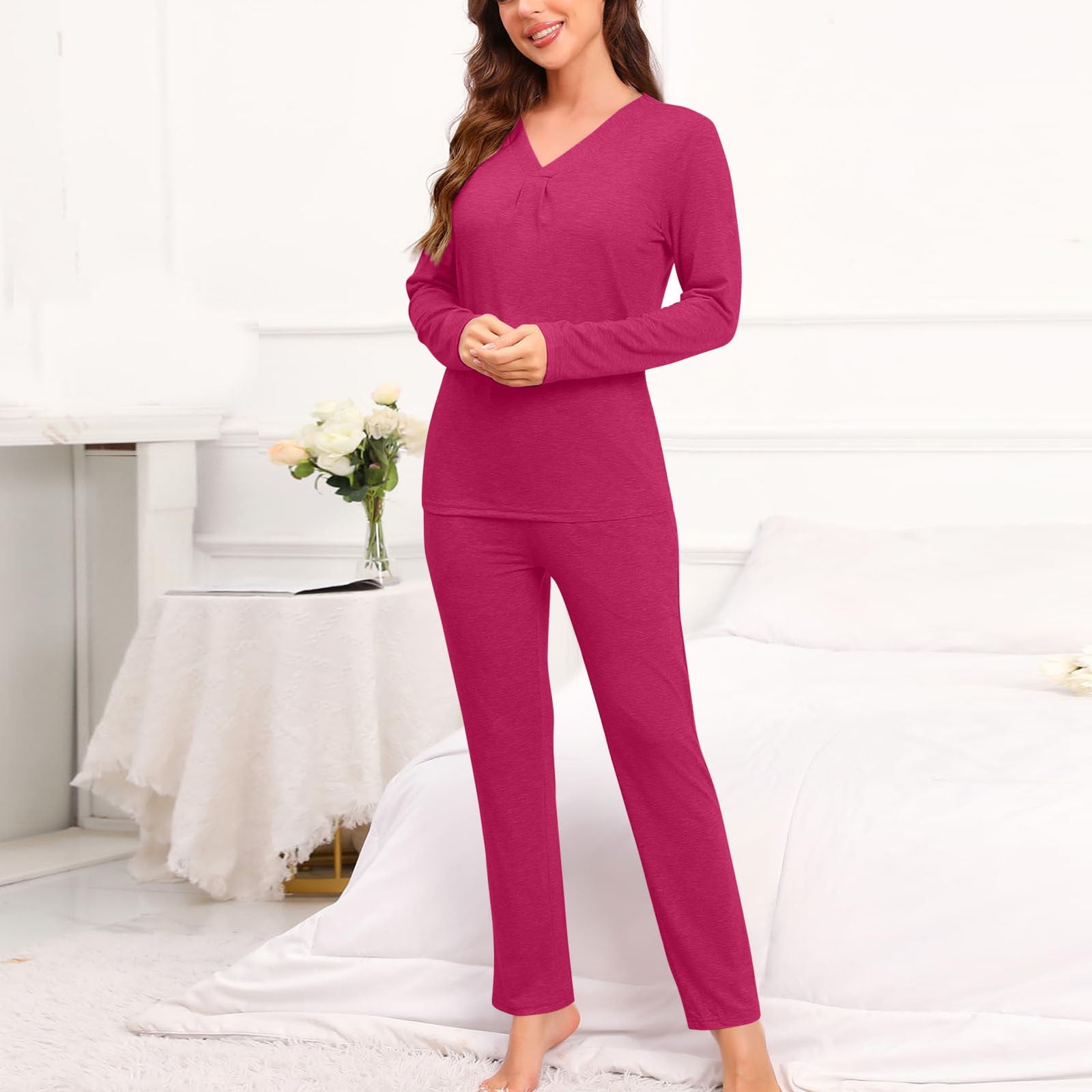 AherBiu 2 Piece Pajamas Sets for Women Comfy Sleepwear Solid Color Tops Pants Pjs Homewear