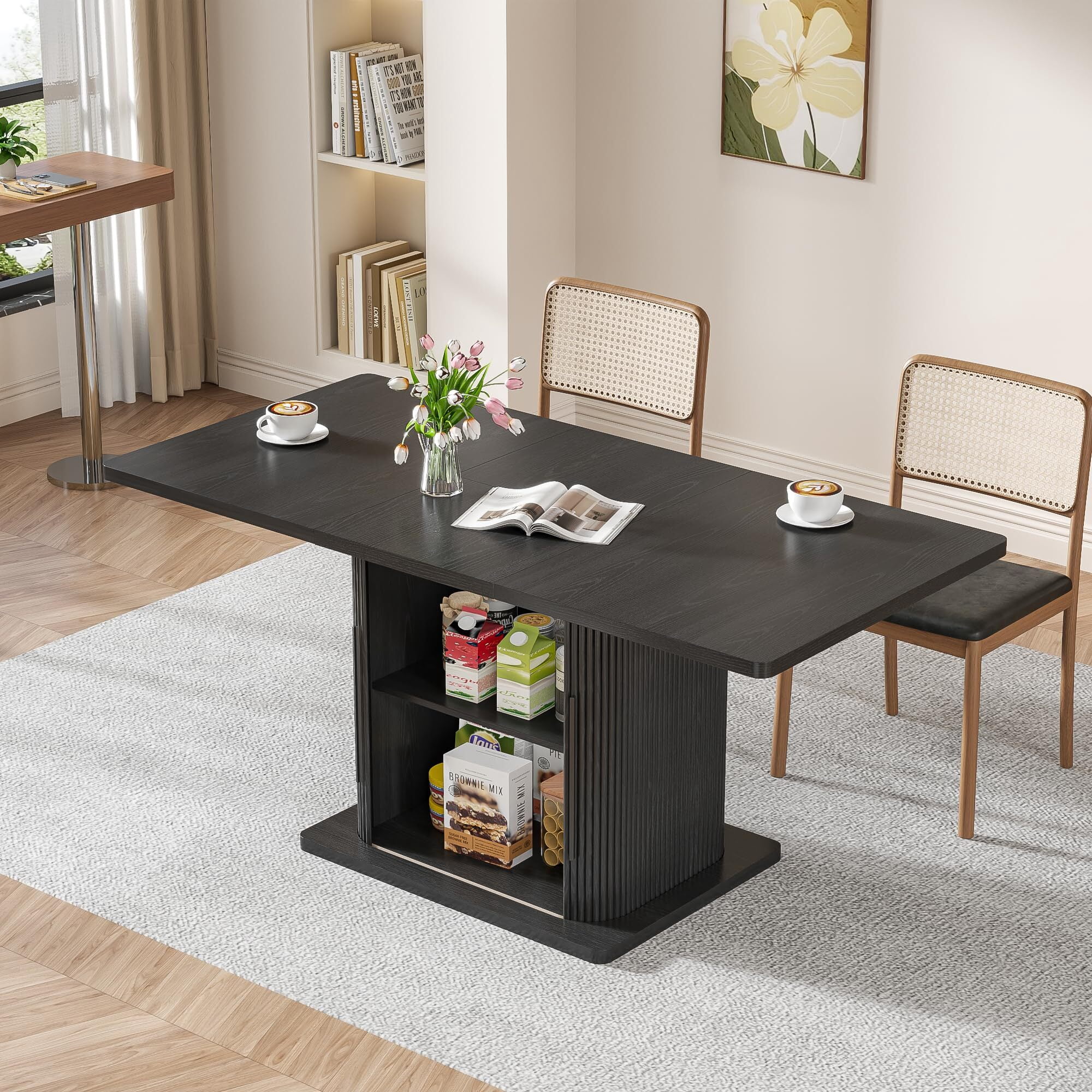 Extendable Black Dining Table 47-65", Seats 4-6, Fluted Wood Kitchen Table with Storage, Sliding Doors, Space Saving, Black