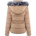thumbnail image 2 of BodiLover, Women's, Winter Quilted Puffer Short Coat High Collar Jacket with Removable Faux Fur Hood Zipper Vegan Leather Piping, Camel, XL, 2 of 3