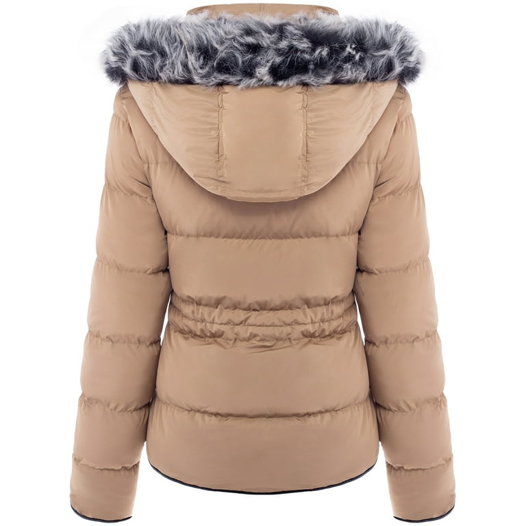 BodiLover Women s Winter Quilted Puffer Short Coat High Collar Jacket with Removable Faux Fur Hood Zipper Vegan Leather Piping Olive S