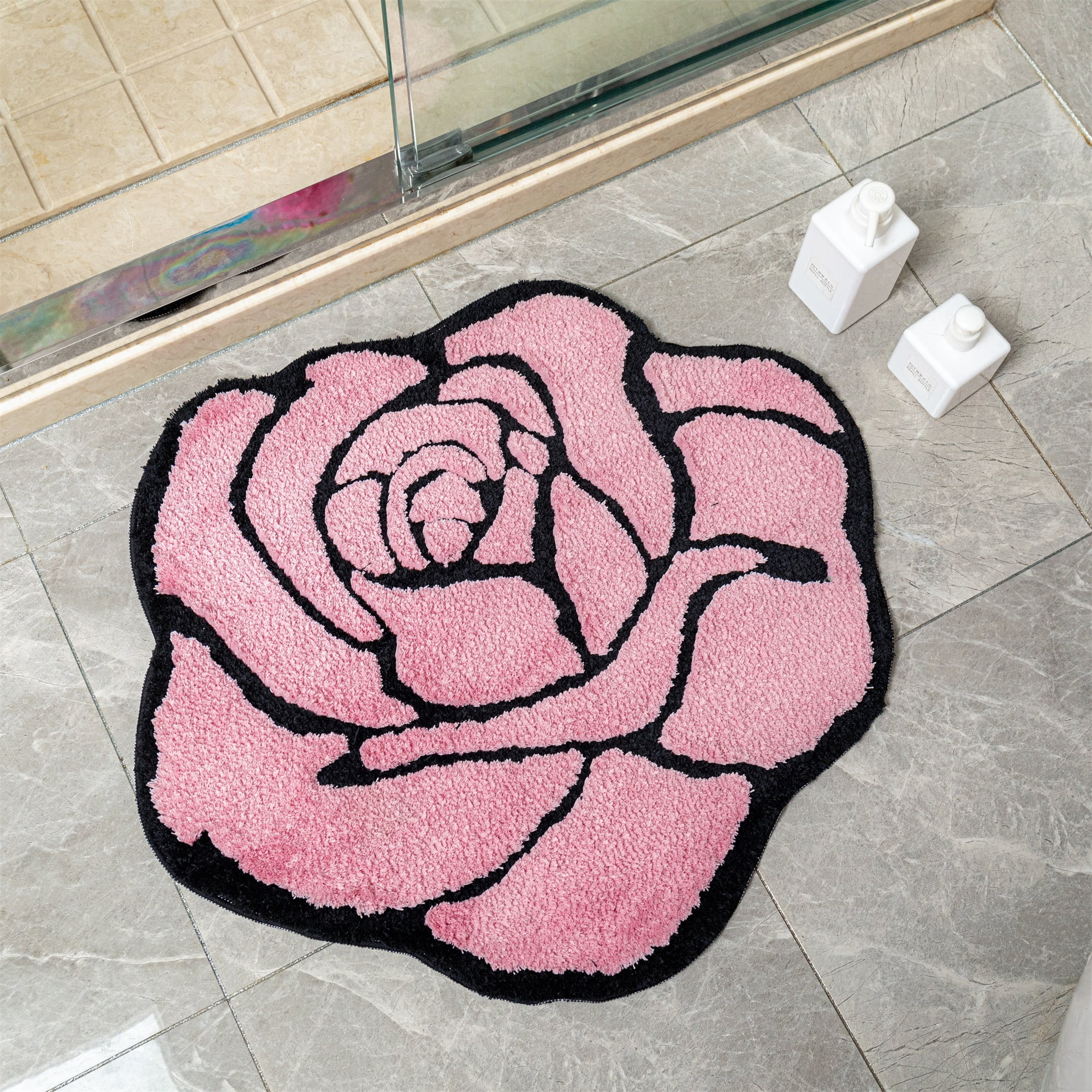 Pink Rose Bath Mat for Bathroom Non Slip Flower Shaped Absorbent Bath Rug Fluffy Shower Rugs Washable Decor Floral Small Rug Doormats 23.6x25.5in