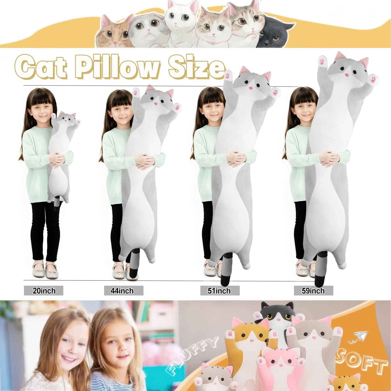SANMADROLA Giant Long Cat Plush Body Pillow 51” Cute Cat Large Stuffed Animals Soft Plushies Kitten Plush Throw Pillow Doll Toy Gift for Girlfriend