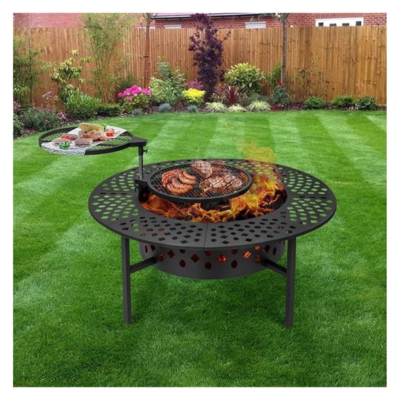 42 Inch with 2 Grills, Wood Burning for Outside with Lid, and Round Waterproof Cover, BBQ& Outdoor Firepit & Round Metal Table 3 in 1 for Patio, Picnic, Party