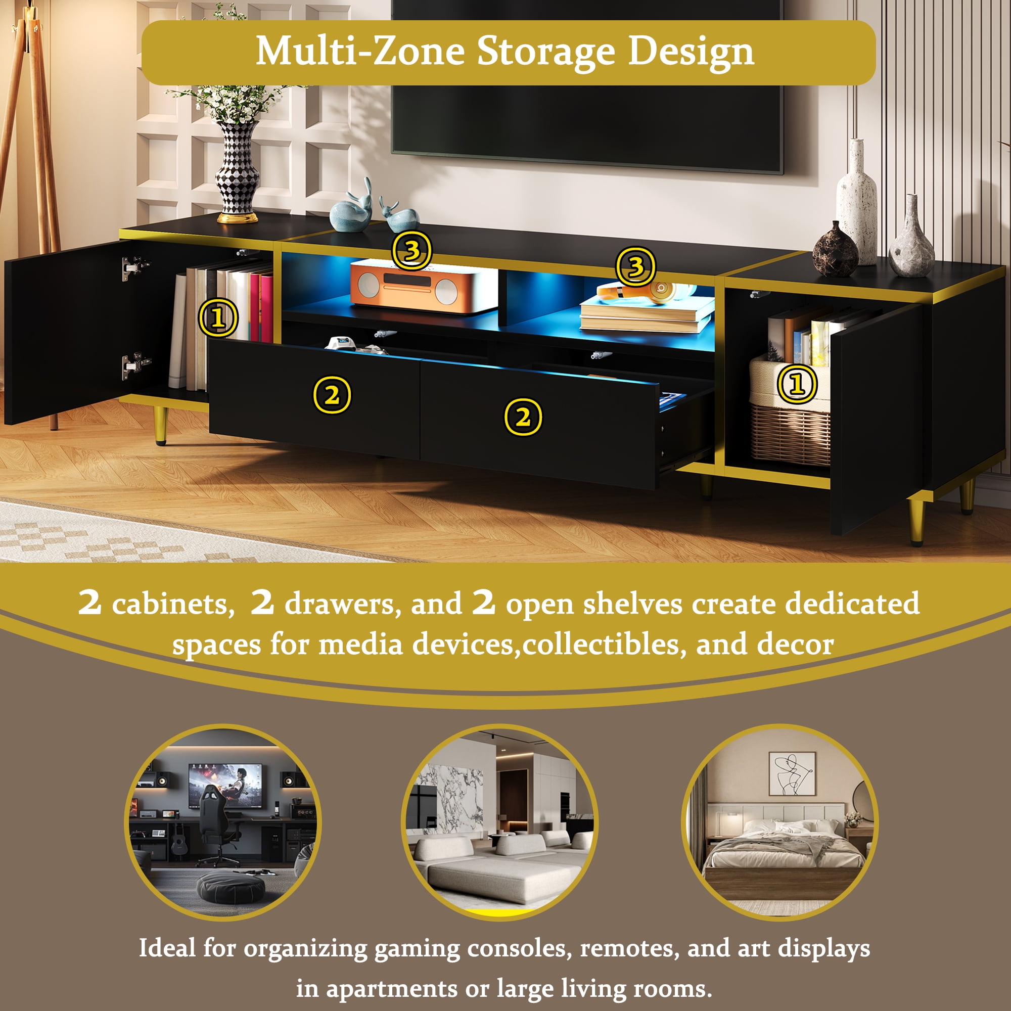 Euroco Modern LED TV Stand with Storage Cabinets, Drawers, Golden Accents & App-Controlled Lighting
