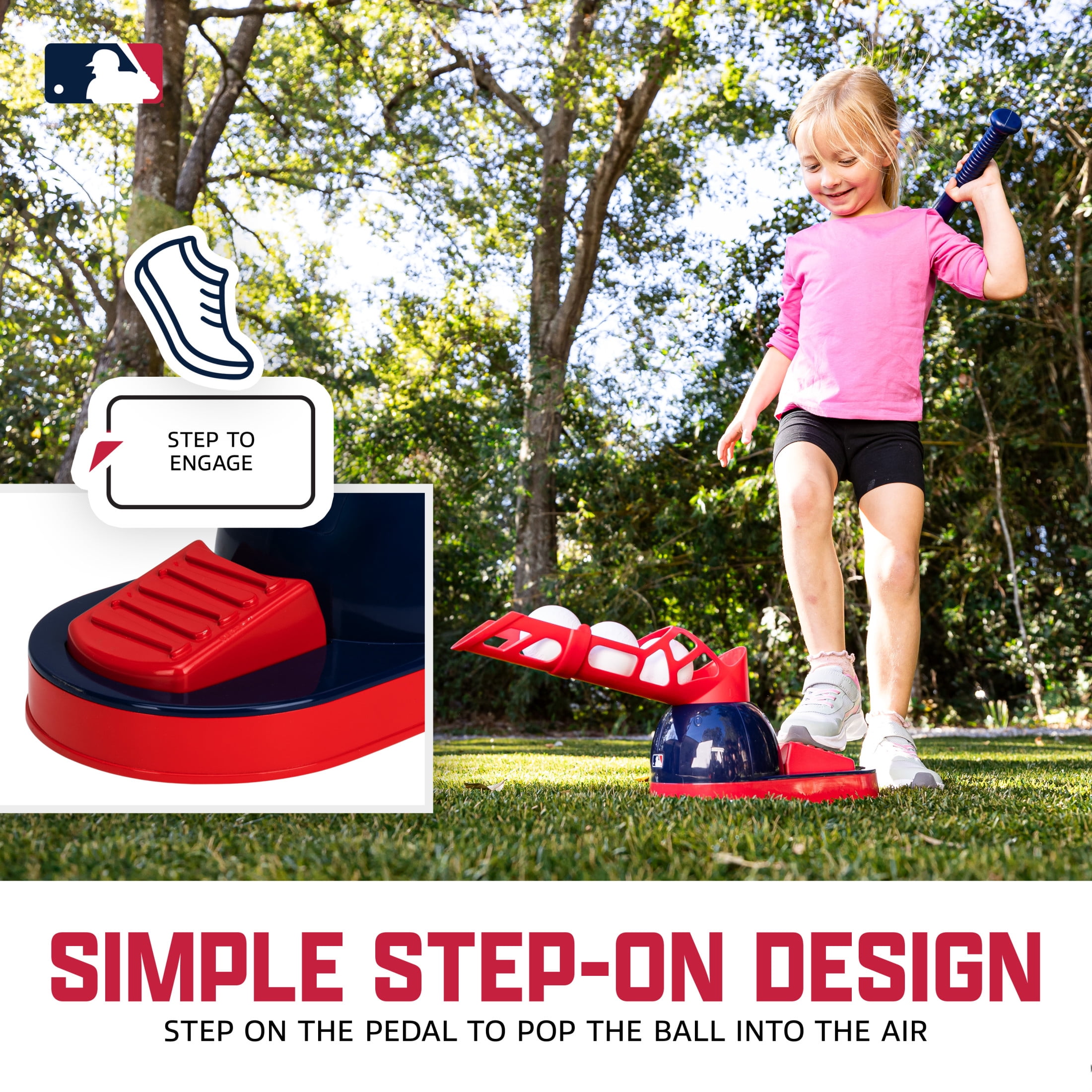 Franklin Sports MLB Pop A Pitch Kids Baseball Pitching Machine - Baseball Batting Practice Toy with Youth Bat + 3 Plastic Baseballs Included - Boys + Girls Hitting Toy Set