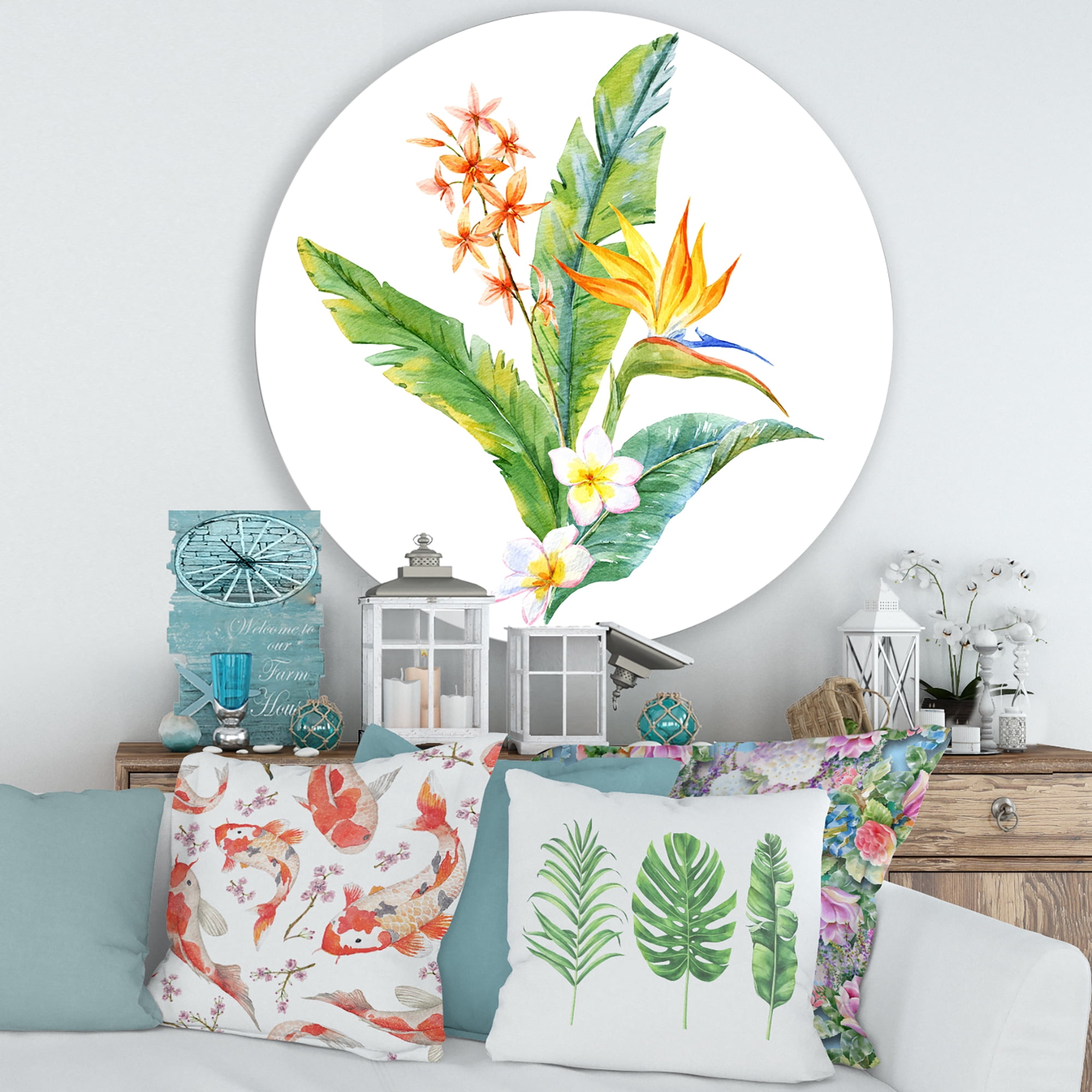 Designart 'Green Leaves With Tropical Yellow Flowers I' Traditional Circle Metal Wall Art 36x36 - Disc of 36