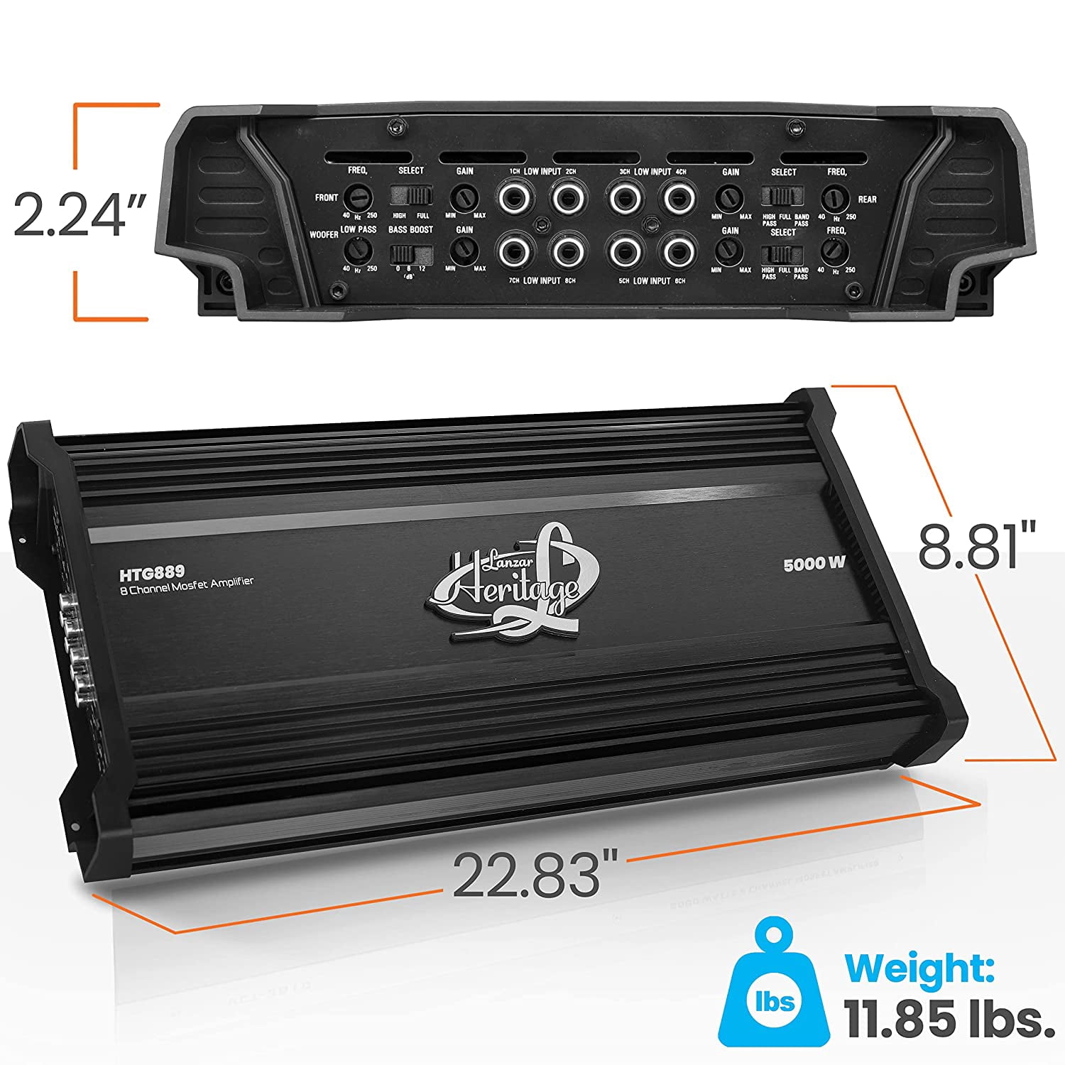 Lanzar HTG889 Mosfet 2 Ohm 8-Channel Stereo Stable Vehicle Audio Amplifier, Black, 11.29 lbs
