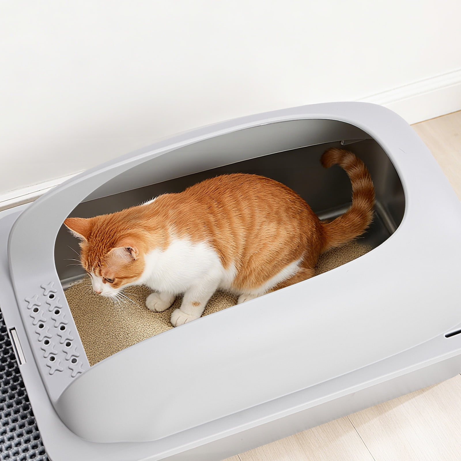 JIOABL 23.6" Cat Litter Box, Stainless Steel with Lid, Scoop and Mat, Leakproof, Anti-Slip, Light Gray