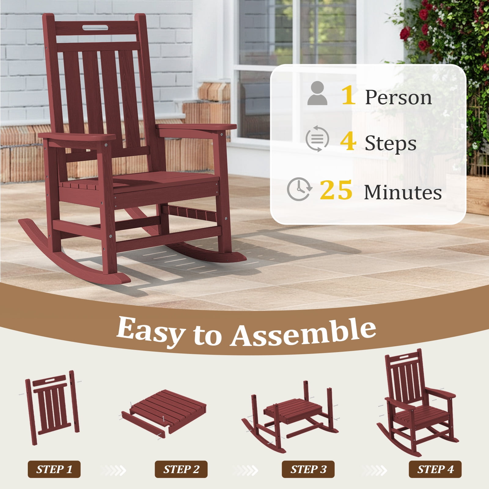 LOYALICE HDPE Outdoor Rocking Chair for Porch Patio, All-Weather High Back Rocker with Wood-Grain Texture, Heavy-Duty Deck Garden Seating, Fade-Resistant & Easy to Clean,Dark Red
