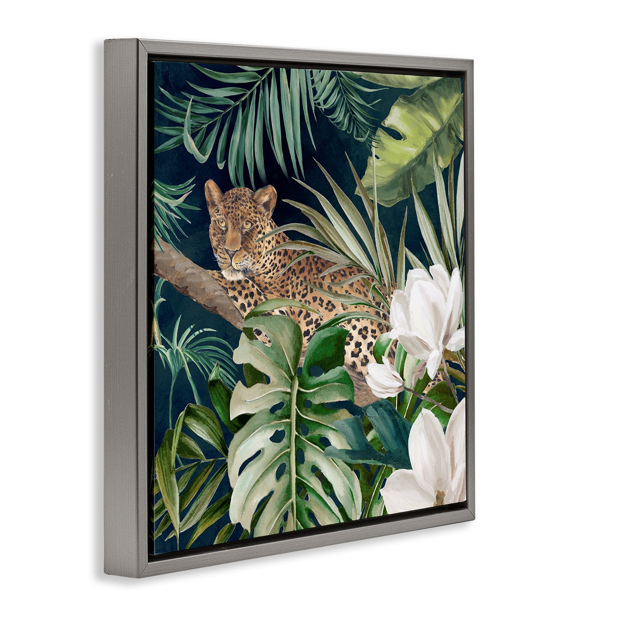 Stupell Industries Tropical Jungle Leopard Animals Painting Gray Floater Framed Canvas Art Print Wall Art, 18 x 18