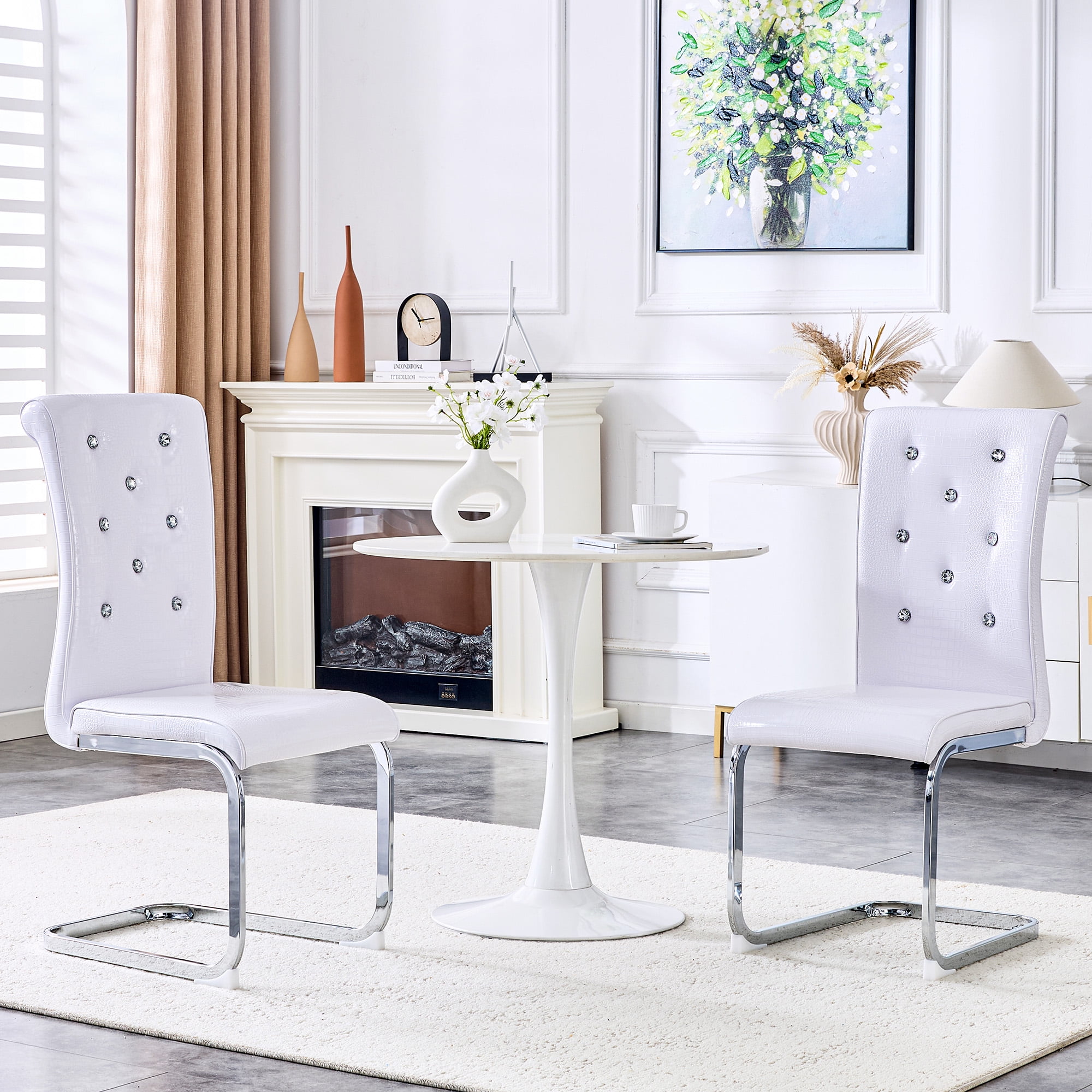 Alvantor Dining Chairs Set of 2, Retro Leather Chairs with Crystal Buckle , Upholstered Accent Chairs for Dining Room & Kitchen White