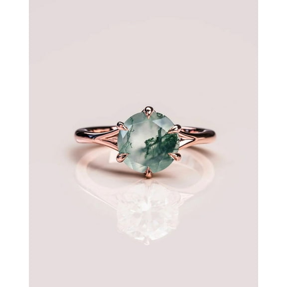 Natural Moss Agate Solitaire Ring-Round Cut Ring- Vintage Ring-Rose Gold Vermeil Birthstone Jewelry-Green Gemstone Ring For Women