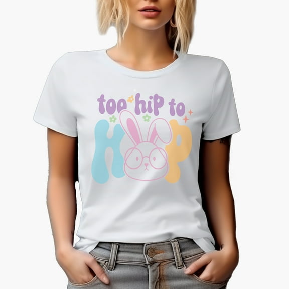 Too Hip to Hop with a Bunny Wearing Eyeglasses, Easter Sunday Art Favor or Merch Gift, White T-Shirt, Small