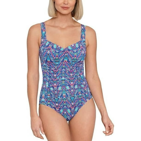 Swim Solutions NAVY MULTI Tummy-Control Shirred One-Piece Swimsuit, US 12